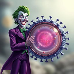 A strikingly realistic illustration of the Joker character in his iconic purple suit with vibrant green hair, joyfully greeting a prominently featured cell membrane