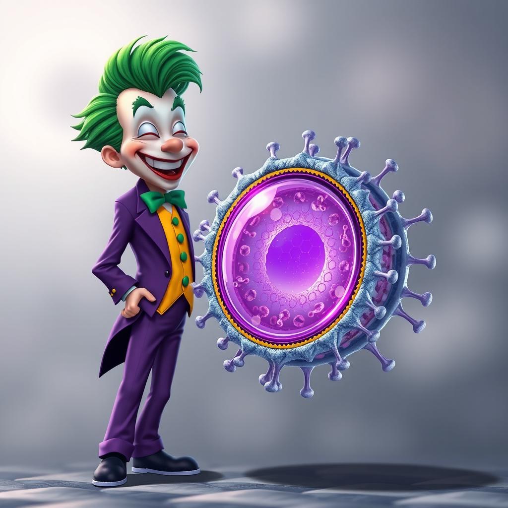 A strikingly realistic illustration of the Joker character in his iconic purple suit with vibrant green hair, joyfully greeting a prominently featured cell membrane