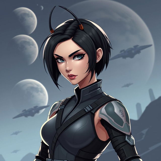 A female humanoid character inspired by the Star Wars universe, featuring short black hair and elegant antennae gracefully protruding from her head