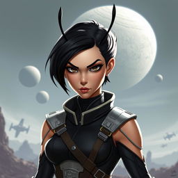 A female humanoid character inspired by the Star Wars universe, featuring short black hair and elegant antennae gracefully protruding from her head