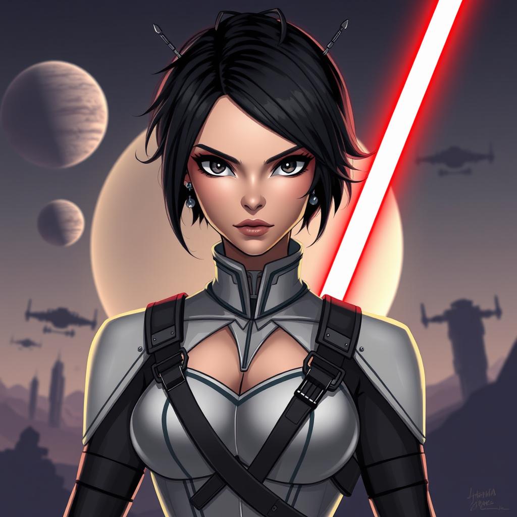 A female humanoid character inspired by the Star Wars universe, featuring short black hair and elegant antennae gracefully protruding from her head