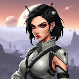 A female humanoid character inspired by the Star Wars universe, featuring short black hair and elegant antennae gracefully protruding from her head