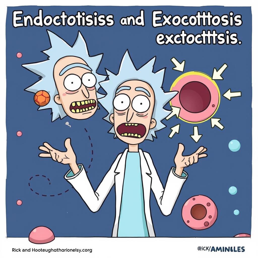 Rick from "Rick and Morty" energetically explaining endocytosis and exocytosis in a dynamic scene where a small spherical particle is depicted entering a cell on one side, while another particle is exiting the cell on the opposite side