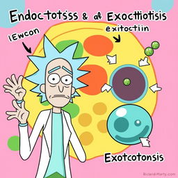 Rick from "Rick and Morty" energetically explaining endocytosis and exocytosis in a dynamic scene where a small spherical particle is depicted entering a cell on one side, while another particle is exiting the cell on the opposite side