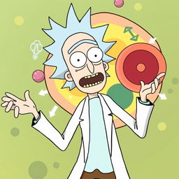 Rick from "Rick and Morty" energetically explaining endocytosis and exocytosis in a dynamic scene where a small spherical particle is depicted entering a cell on one side, while another particle is exiting the cell on the opposite side