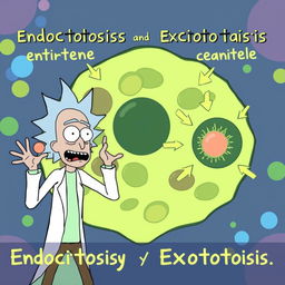 Rick from "Rick and Morty" energetically explaining endocytosis and exocytosis in a dynamic scene where a small spherical particle is depicted entering a cell on one side, while another particle is exiting the cell on the opposite side