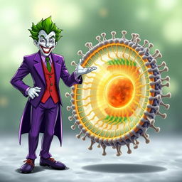 A highly detailed and realistic illustration of the Joker character, showcasing his iconic purple suit and wild green hair, joyfully greeting a prominently featured plasma membrane