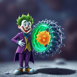 A highly detailed and realistic illustration of the Joker character, showcasing his iconic purple suit and wild green hair, joyfully greeting a prominently featured plasma membrane