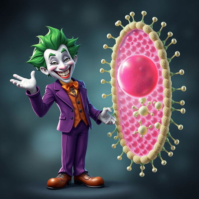 A highly detailed and realistic illustration of the Joker character, showcasing his iconic purple suit and wild green hair, joyfully greeting a prominently featured plasma membrane