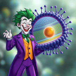 A highly detailed and realistic illustration of the Joker character, showcasing his iconic purple suit and wild green hair, joyfully greeting a prominently featured plasma membrane