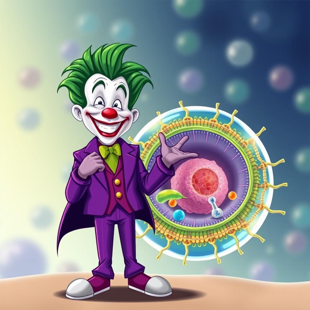 A captivating illustration of the Joker character, decked in his iconic purple suit with wild green hair, cheerfully greeting a vividly depicted animal cell