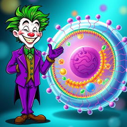 A captivating illustration of the Joker character, decked in his iconic purple suit with wild green hair, cheerfully greeting a vividly depicted animal cell