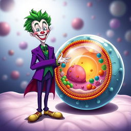 A captivating illustration of the Joker character, decked in his iconic purple suit with wild green hair, cheerfully greeting a vividly depicted animal cell