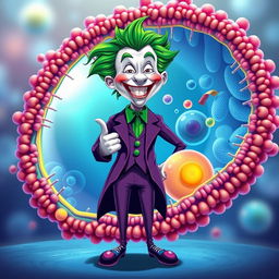 A captivating illustration of the Joker character, decked in his iconic purple suit with wild green hair, cheerfully greeting a vividly depicted animal cell