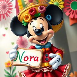 A whimsical depiction of Mickey Mouse dressed as a Catrin, showcasing vibrant colors and intricate details in the traditional Mexican attire