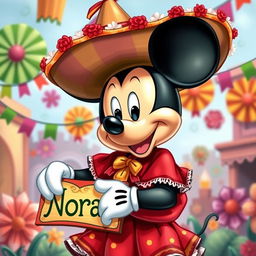 A whimsical depiction of Mickey Mouse dressed as a Catrin, showcasing vibrant colors and intricate details in the traditional Mexican attire