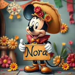 A whimsical depiction of Mickey Mouse dressed as a Catrin, showcasing vibrant colors and intricate details in the traditional Mexican attire