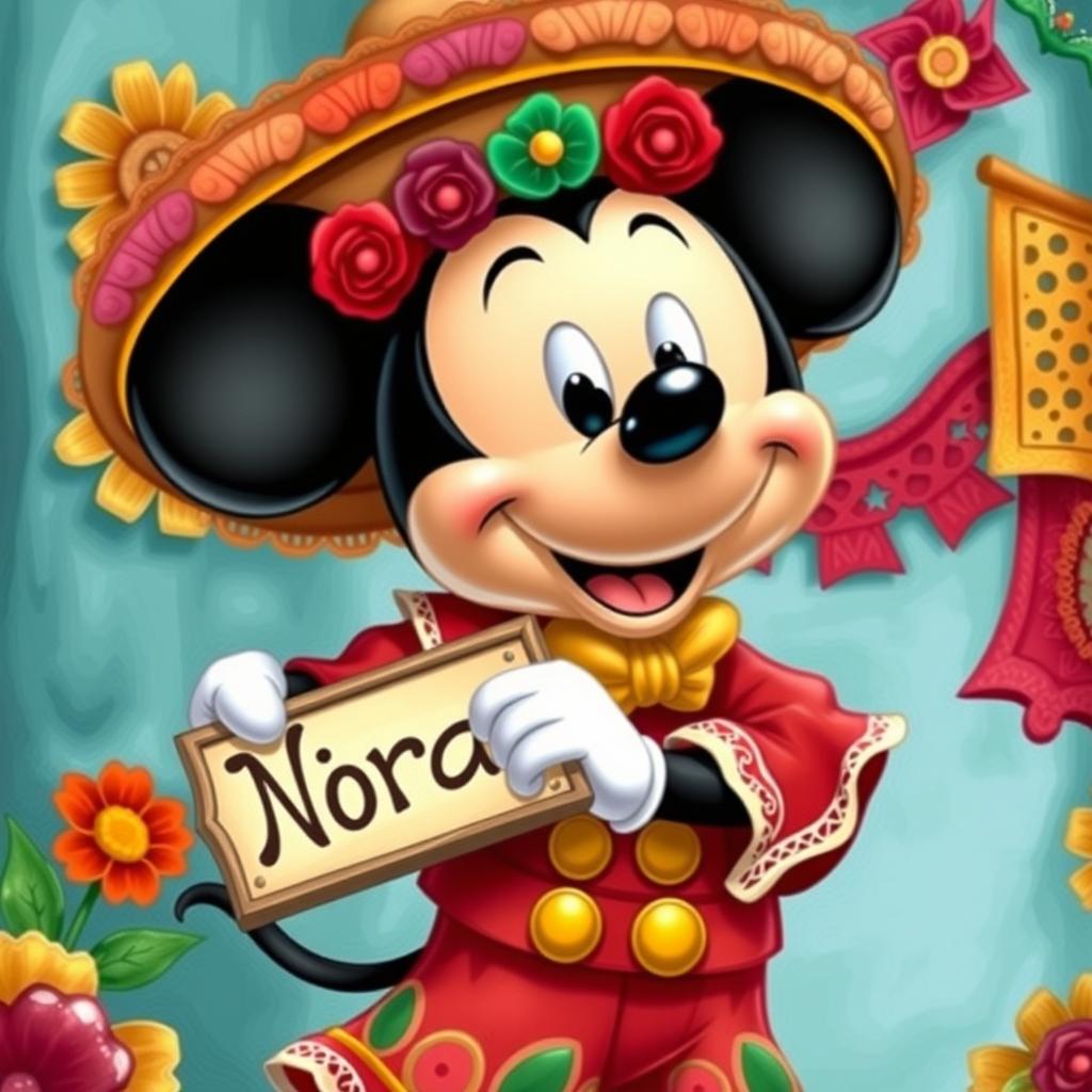 A whimsical depiction of Mickey Mouse dressed as a Catrin, showcasing vibrant colors and intricate details in the traditional Mexican attire