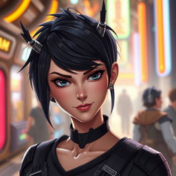 A female humanoid character inspired by the Star Wars universe, featuring short black hair styled sharply