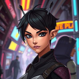 A female humanoid character inspired by the Star Wars universe, featuring short black hair styled sharply