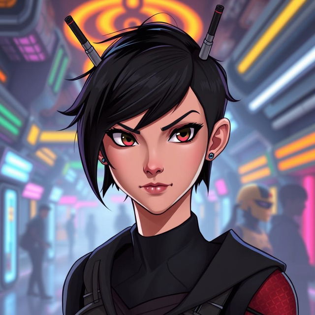 A female humanoid character inspired by the Star Wars universe, featuring short black hair styled sharply