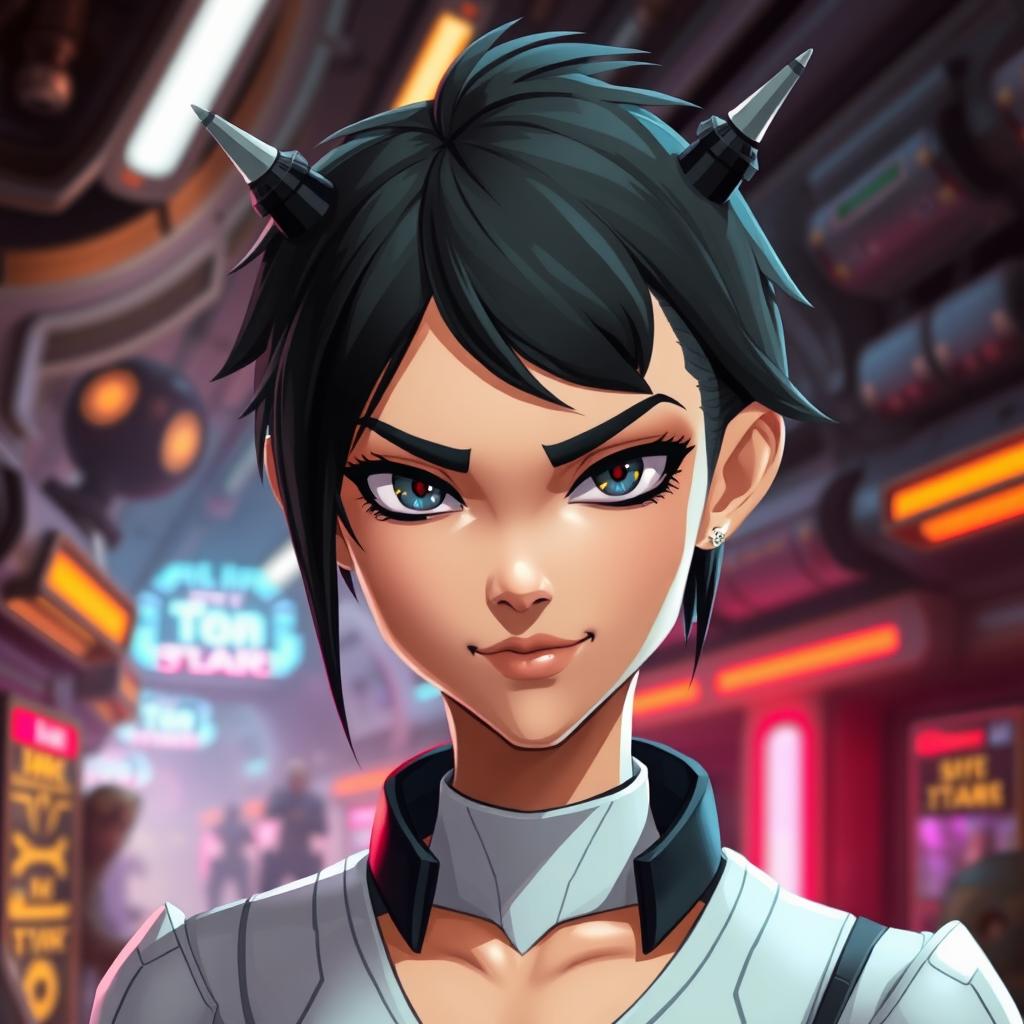 A female humanoid character inspired by the Star Wars universe, featuring short black hair styled sharply