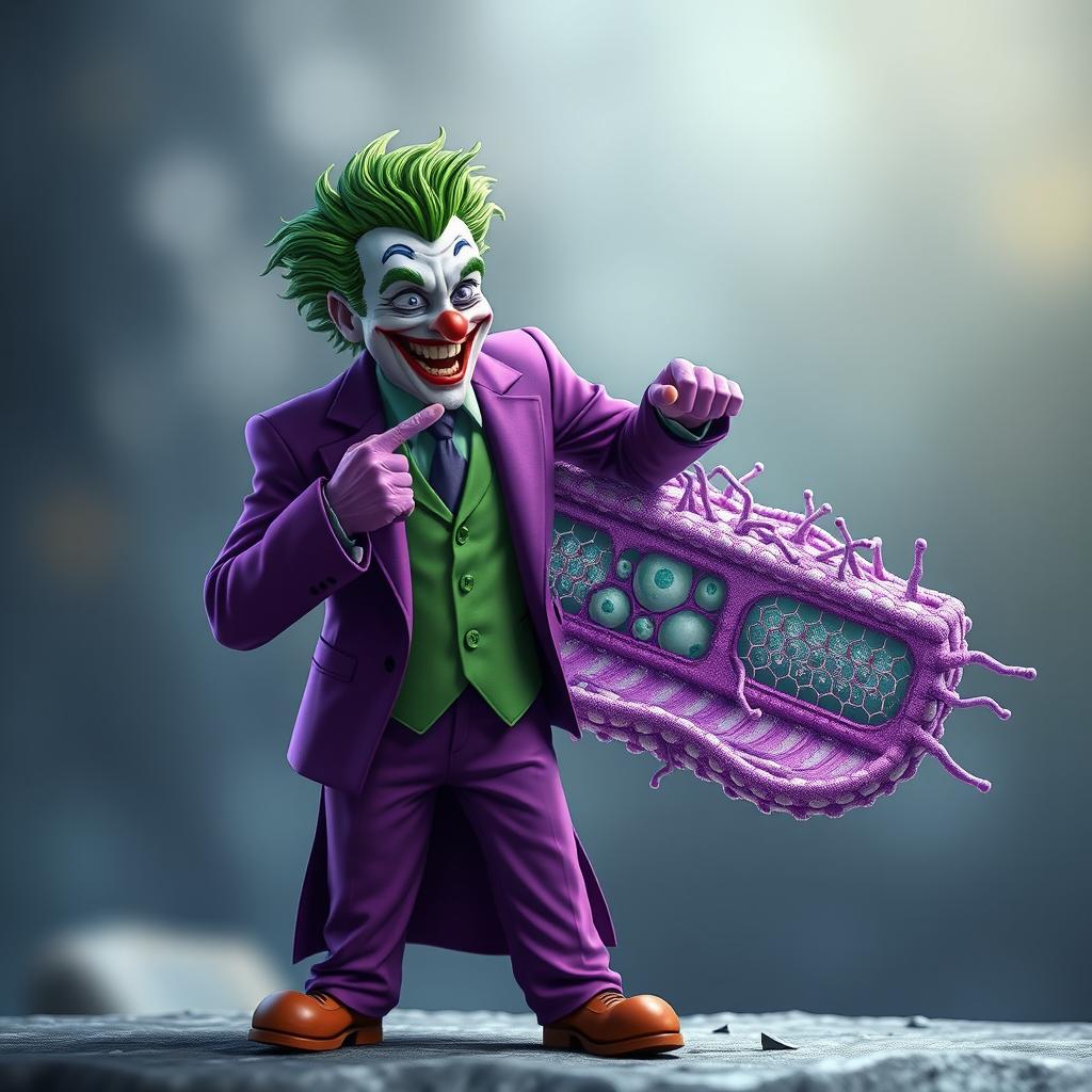 A hyper-realistic illustration of the Joker character dressed in his signature purple suit and wild green hair, animatedly interacting with an exceptionally detailed representation of a cell membrane