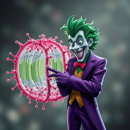 A hyper-realistic illustration of the Joker character dressed in his signature purple suit and wild green hair, animatedly interacting with an exceptionally detailed representation of a cell membrane