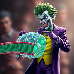 A hyper-realistic illustration of the Joker character dressed in his signature purple suit and wild green hair, animatedly interacting with an exceptionally detailed representation of a cell membrane