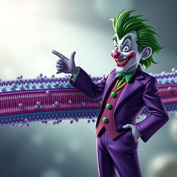 A hyper-realistic illustration of the Joker character dressed in his signature purple suit and wild green hair, animatedly interacting with an exceptionally detailed representation of a cell membrane