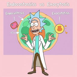 Rick from "Rick and Morty" passionately explaining endocytosis and exocytosis in a lively, cartoonish style