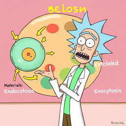 Rick from "Rick and Morty" passionately explaining endocytosis and exocytosis in a lively, cartoonish style