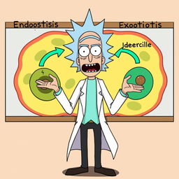 Rick from "Rick and Morty" passionately explaining endocytosis and exocytosis in a lively, cartoonish style