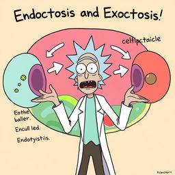 Rick from "Rick and Morty" passionately explaining endocytosis and exocytosis in a lively, cartoonish style