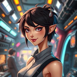 A female humanoid character inspired by the Star Wars universe, featuring short black hair styled with an edgy flair