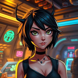 A female humanoid character inspired by the Star Wars universe, featuring short black hair styled with an edgy flair