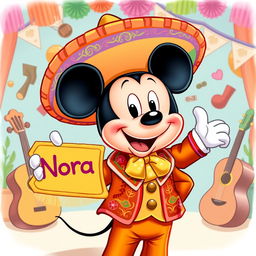 A whimsical illustration of a cartoon character inspired by Mickey Mouse dressed in a traditional mariachi outfit, complete with a vibrant sombrero and embroidered jacket