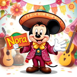 A whimsical illustration of a cartoon character inspired by Mickey Mouse dressed in a traditional mariachi outfit, complete with a vibrant sombrero and embroidered jacket