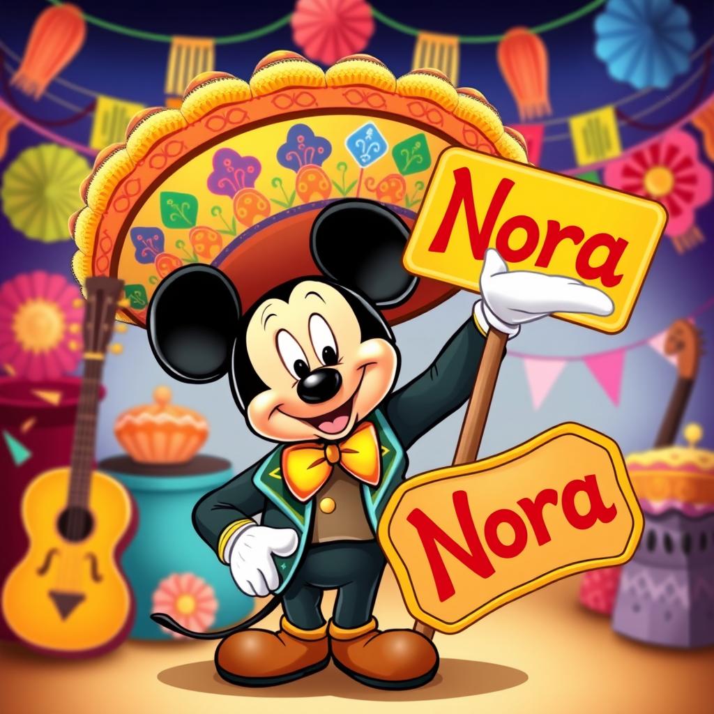 A whimsical illustration of a cartoon character inspired by Mickey Mouse dressed in a traditional mariachi outfit, complete with a vibrant sombrero and embroidered jacket