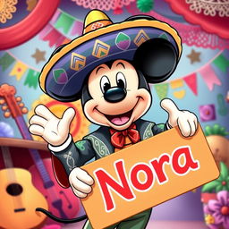 A whimsical illustration of a cartoon character inspired by Mickey Mouse dressed in a traditional mariachi outfit, complete with a vibrant sombrero and embroidered jacket