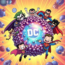 A vibrant and engaging illustration showcasing various characters from the DC universe, including lively interpretations of the Joker, Batgirl, and Superman, surrounding an intricately detailed plasma membrane