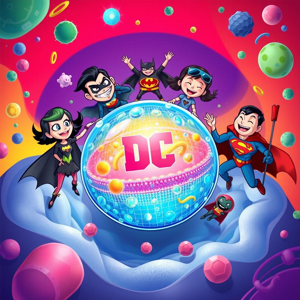 A vibrant and engaging illustration showcasing various characters from the DC universe, including lively interpretations of the Joker, Batgirl, and Superman, surrounding an intricately detailed plasma membrane