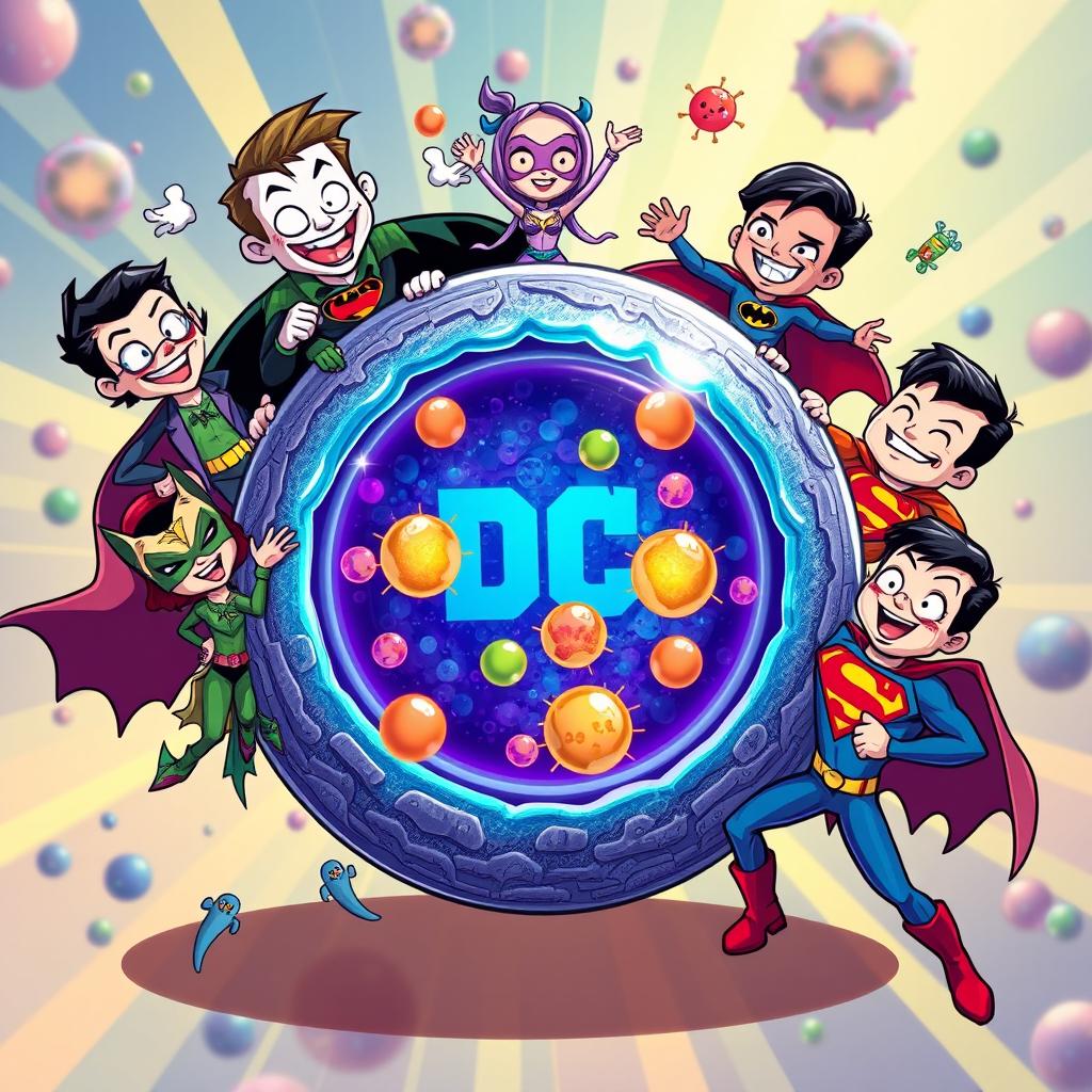 A vibrant and engaging illustration showcasing various characters from the DC universe, including lively interpretations of the Joker, Batgirl, and Superman, surrounding an intricately detailed plasma membrane