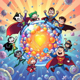 A vibrant and engaging illustration showcasing various characters from the DC universe, including lively interpretations of the Joker, Batgirl, and Superman, surrounding an intricately detailed plasma membrane