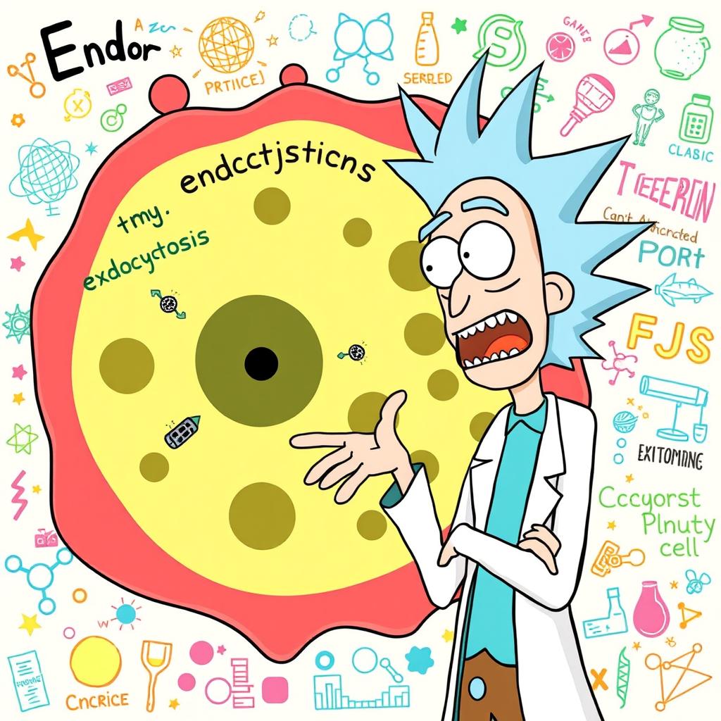 Rick from "Rick and Morty" enthusiastically explaining endocytosis and exocytosis