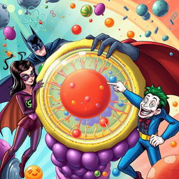 A vibrant and imaginative illustration featuring various characters from the DC universe, including the Joker, Batgirl, and Superman, playfully interacting with a detailed representation of a cell membrane