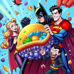 A vibrant and imaginative illustration featuring various characters from the DC universe, including the Joker, Batgirl, and Superman, playfully interacting with a detailed representation of a cell membrane