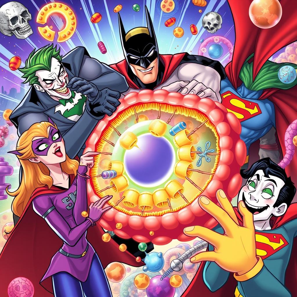 A vibrant and imaginative illustration featuring various characters from the DC universe, including the Joker, Batgirl, and Superman, playfully interacting with a detailed representation of a cell membrane