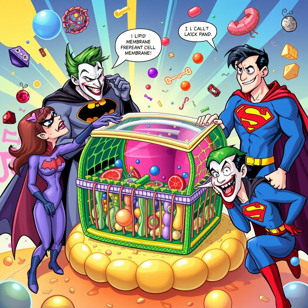 A vibrant and imaginative illustration featuring various characters from the DC universe, including the Joker, Batgirl, and Superman, playfully interacting with a detailed representation of a cell membrane