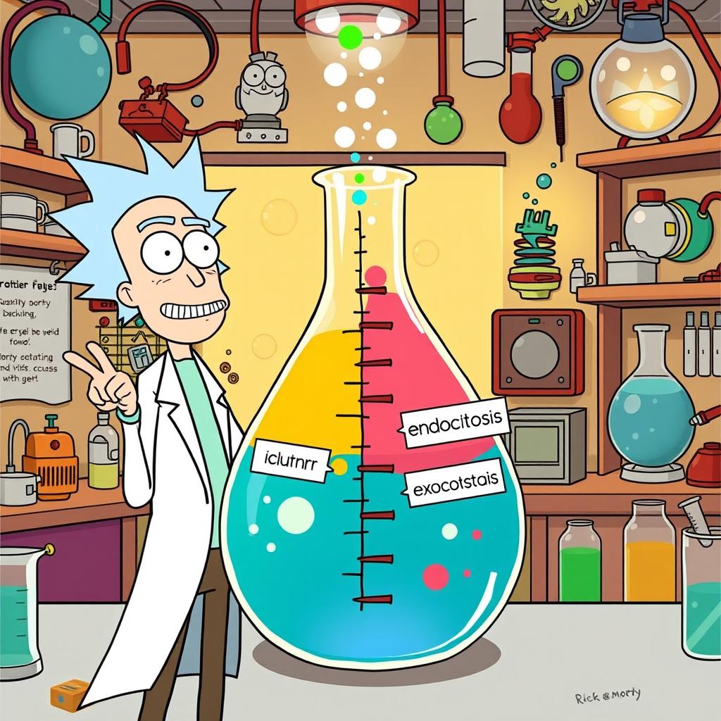 Rick from "Rick and Morty" standing enthusiastically next to a divided beaker, with one side representing endocytosis and the other exocytosis